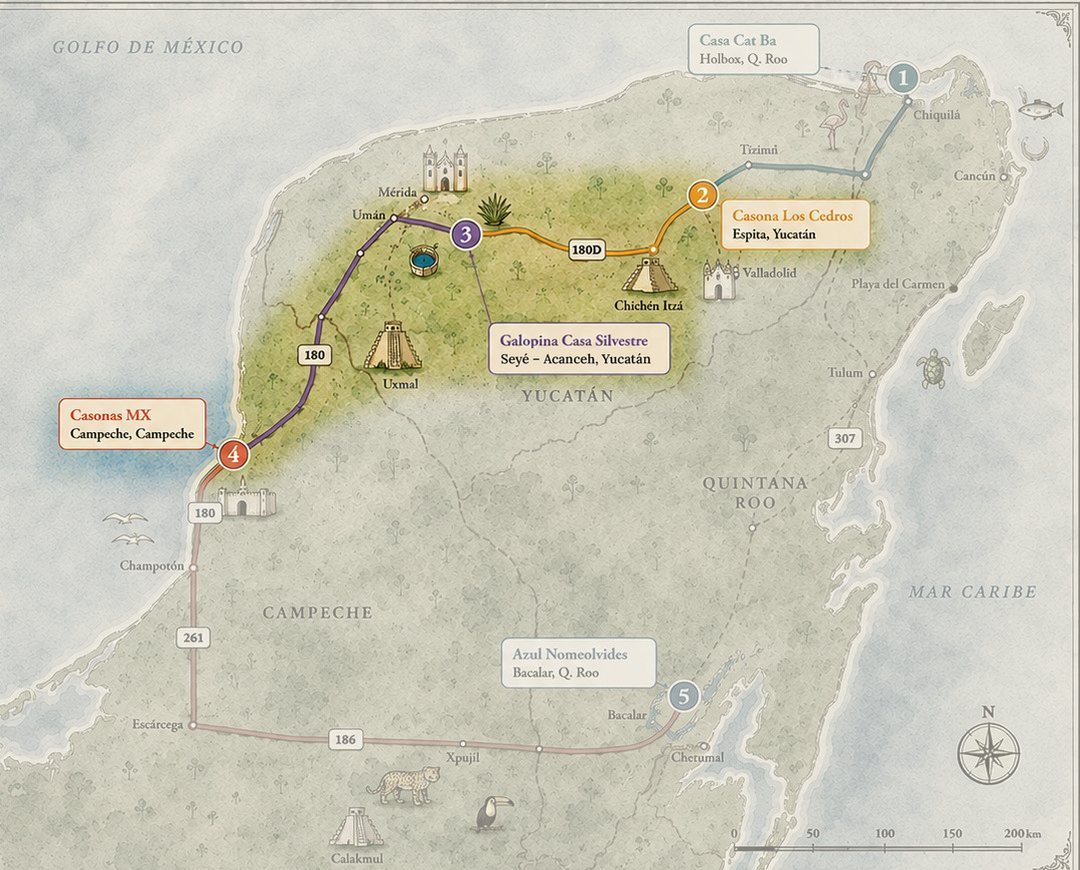 Mapa ilustrado de la península de Yucatán. Están resaltadas las tres casas de esta guía y el camino entre ellas: Casona Los Cedros en Espita, Galopina Casa Silvestre en Seyé y Casonas MX en Campeche; las otras casas de la ruta aparecen atenuadas.